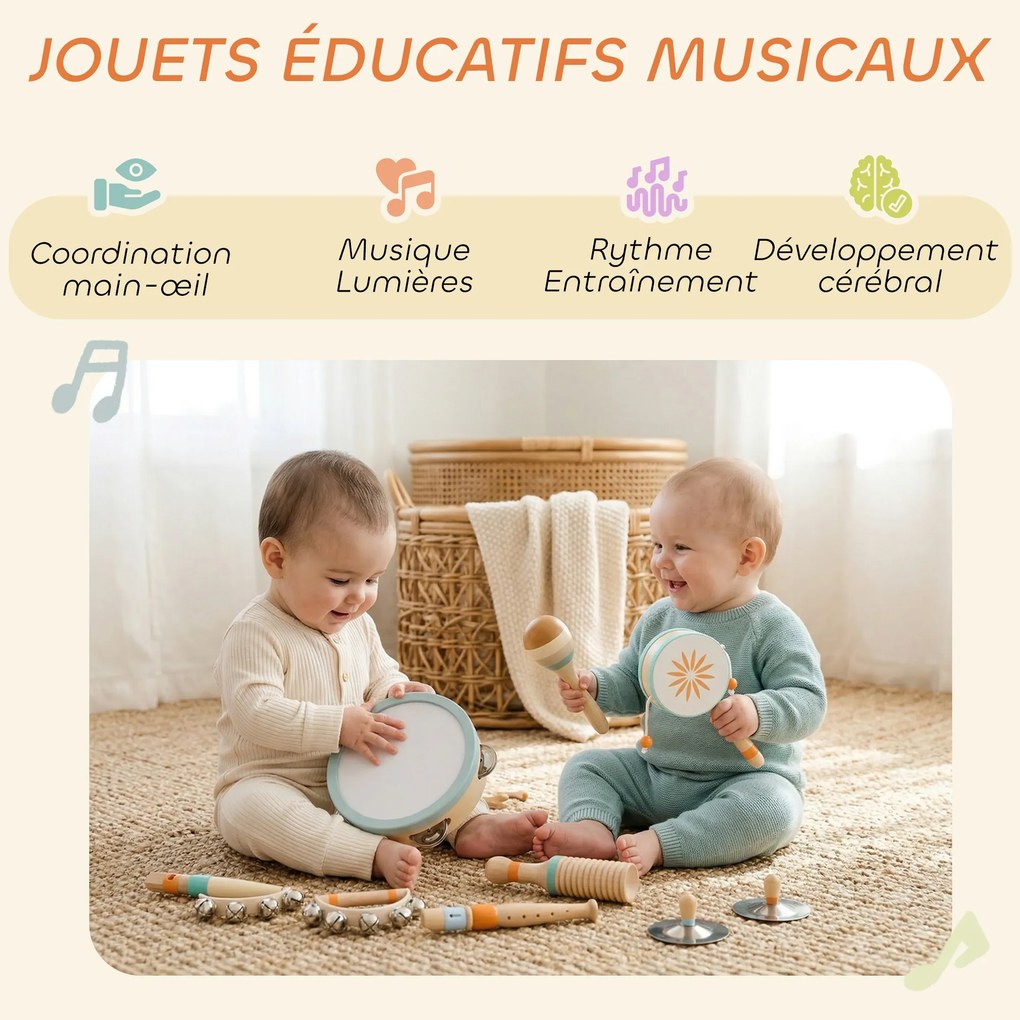 Instrumentos musicais para crianças, brinquedos musicais de madeira inspiradores, com pandeiro e maracas, para crianças a partir dos 3 anos