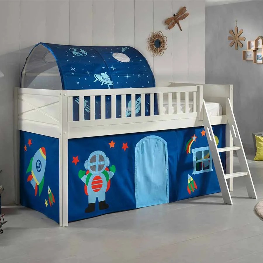 Conjunto cama alta Infantil SCOTT + cortina de brincar ASTRO + Túnel Branca