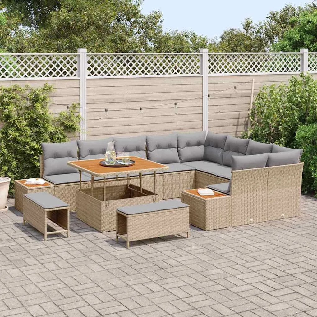 Conjunto de Sofá de Jardim vidaXL com Almofadas Bege Vime Poliéster Ac