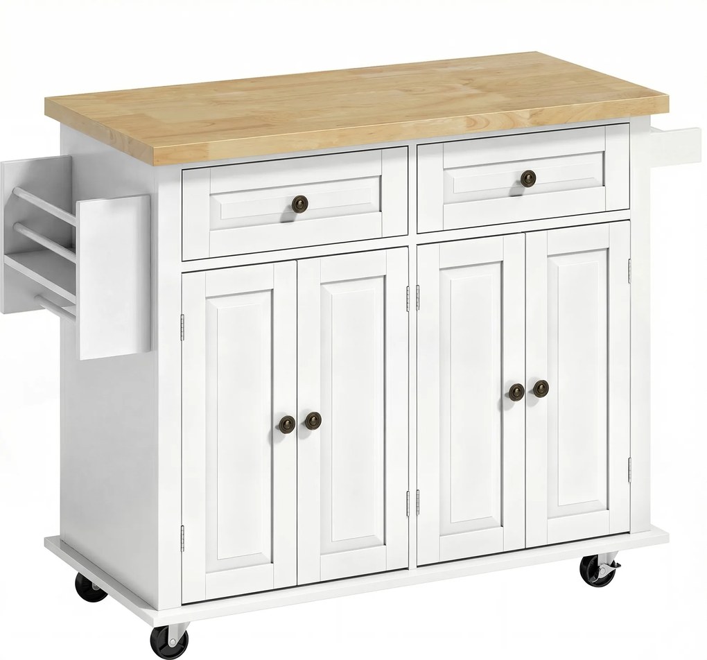 HOMCOM Ilha de Cozinha com Rodas 2 Gavetas 4 Portas Suporte para Temperos e Barra Lateral 111x44,5x82,5cm Branco e Madeira | Aosom Portugal