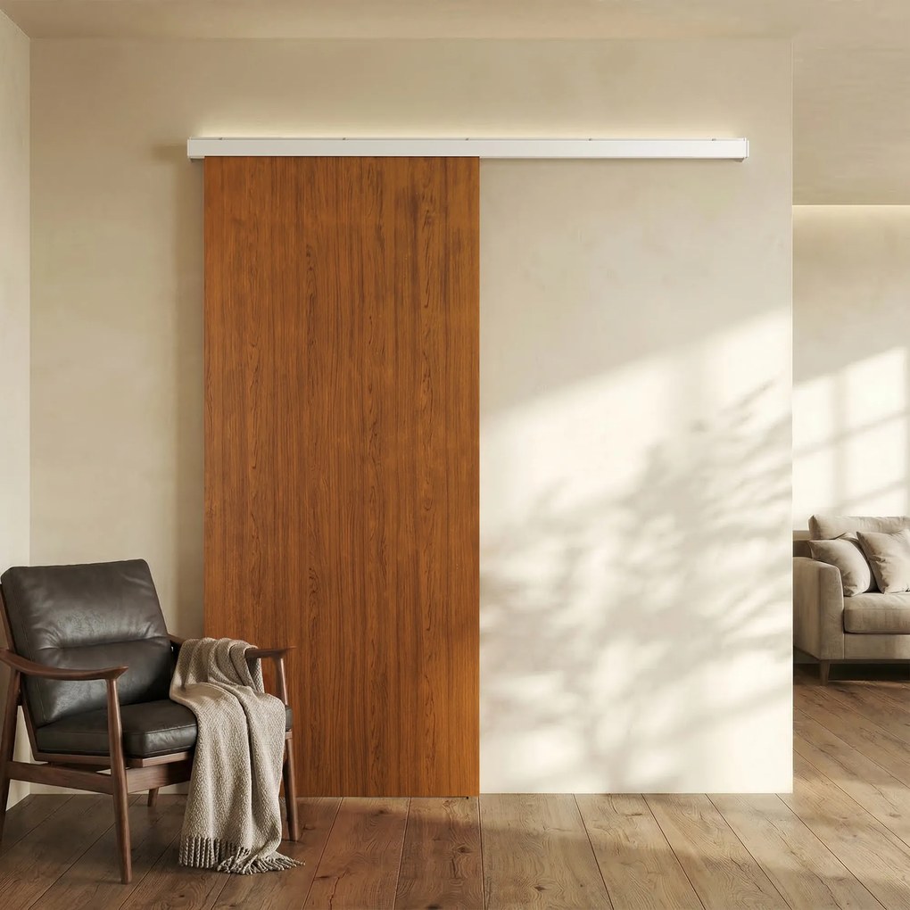 Porta de Correr com Ferragens 90x210 cm com Rolos Trilho de Alumínio e Guia de Chão Castanho
