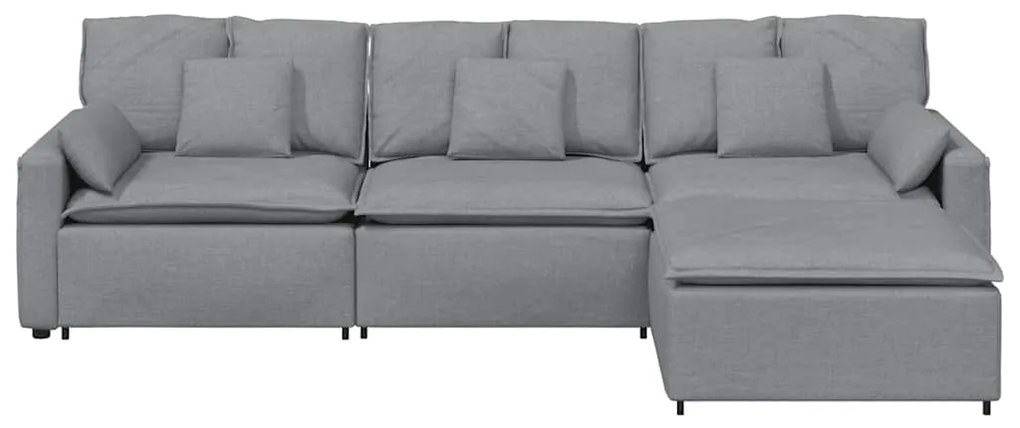 Sofá modular com pufes e almofadas cinzento-claro