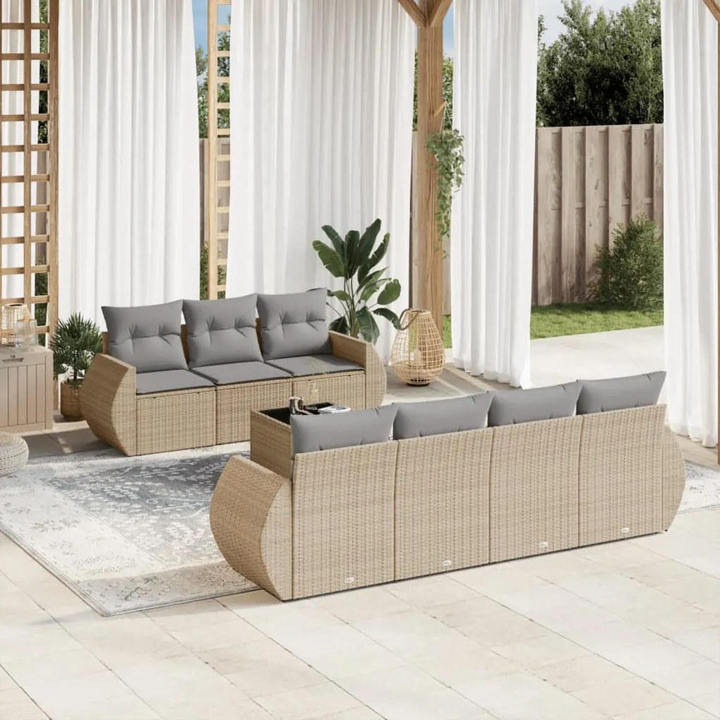 8 pcs conjunto de sofás p/ jardim com almofadões vime PE bege