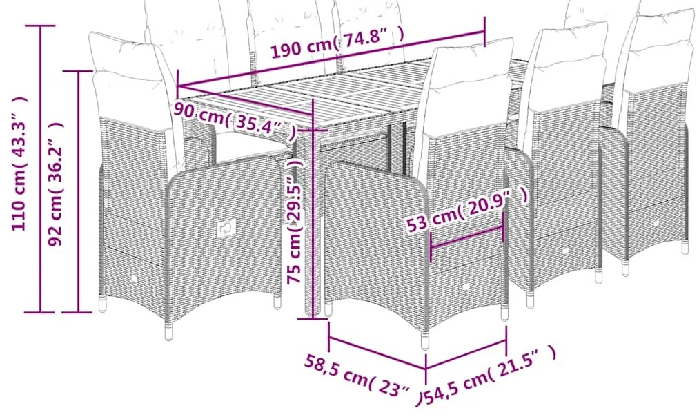 9 pcs conjunto bistrô de jardim c/ almofadões vime PE cinzento