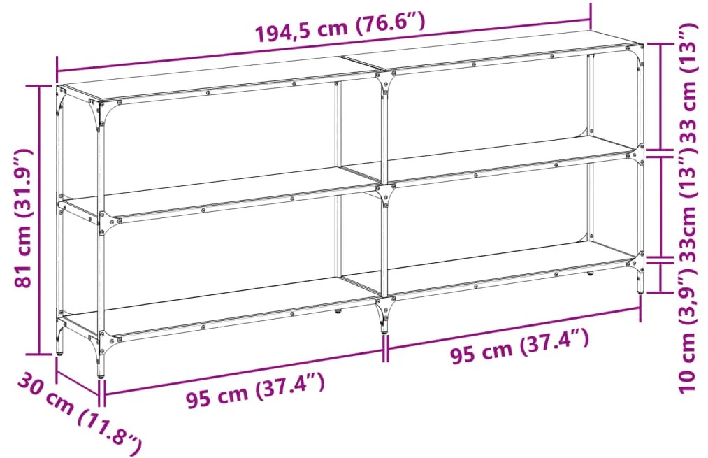 Mesa consola com tampo em vidro preto 194,5x30x81 cm aço