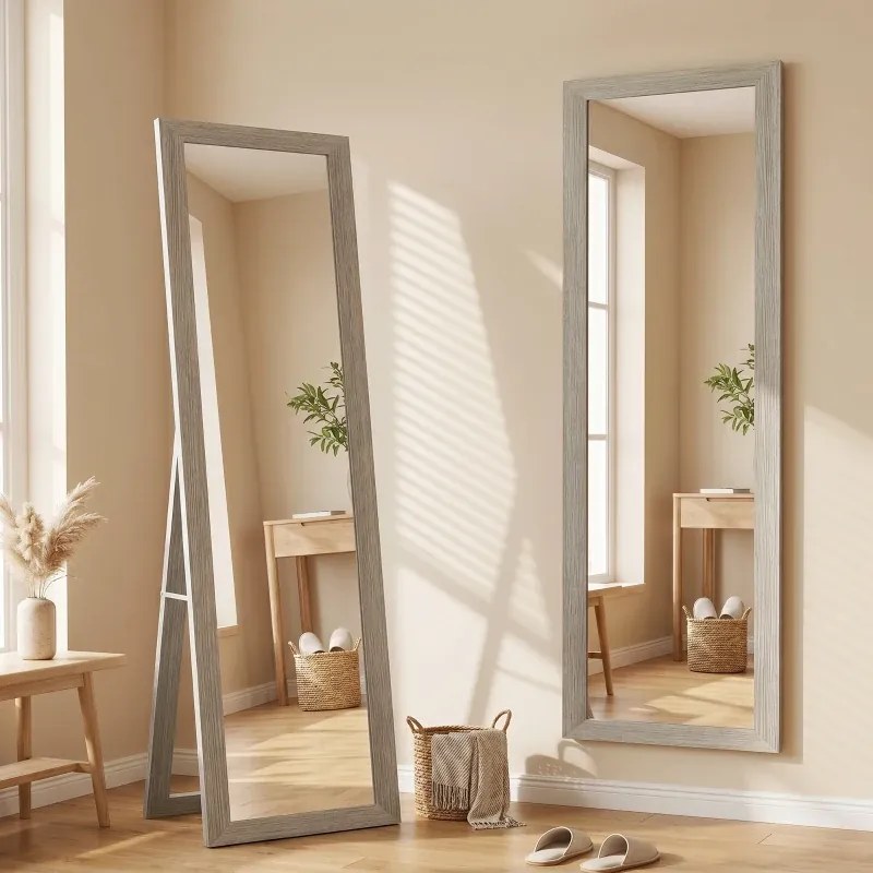 Espelho retangular com suporte de pé 37 x 155 cm, para fixação na parede ou para apoiar, com moldura de madeira, para sala de estar ou quarto, cinzent
