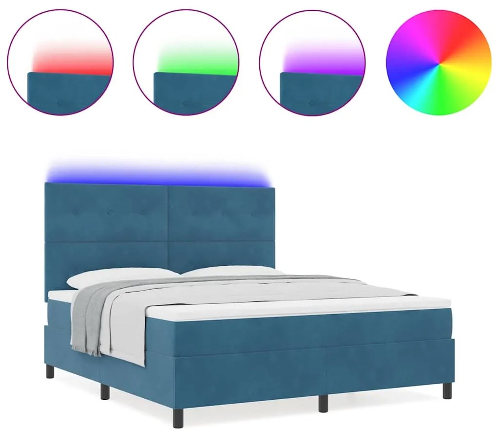 Cama Box Spring vidaXL com Colchão e LED Azul Escuro 180x200 cm Veludo