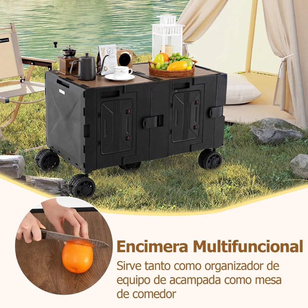 Carrinho utilitário grande com caixas de armazenamento de 2 níveis, 5 rodas, carrinho portátil dobrável para compras, campismo, Preto