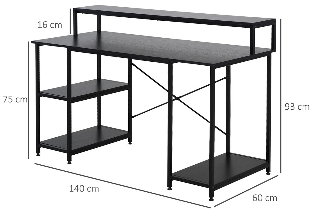 Mesa para Computador com Prateleiras Pés Ajustáveis ​​Moldura de Metal 140x60x93 cm