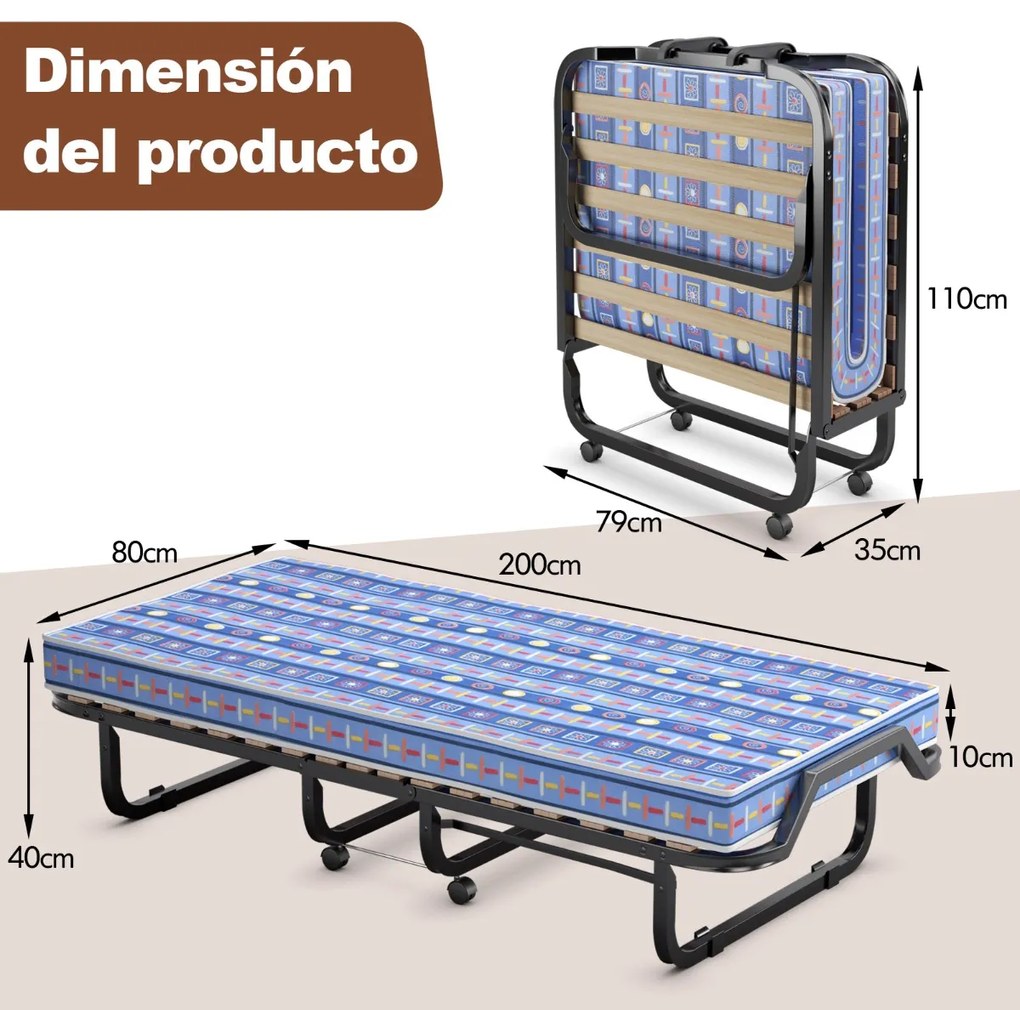 Cama dobrável com colchão de espuma viscoelástica, estrutura de metal 200 x 80 x 40 cm, azul