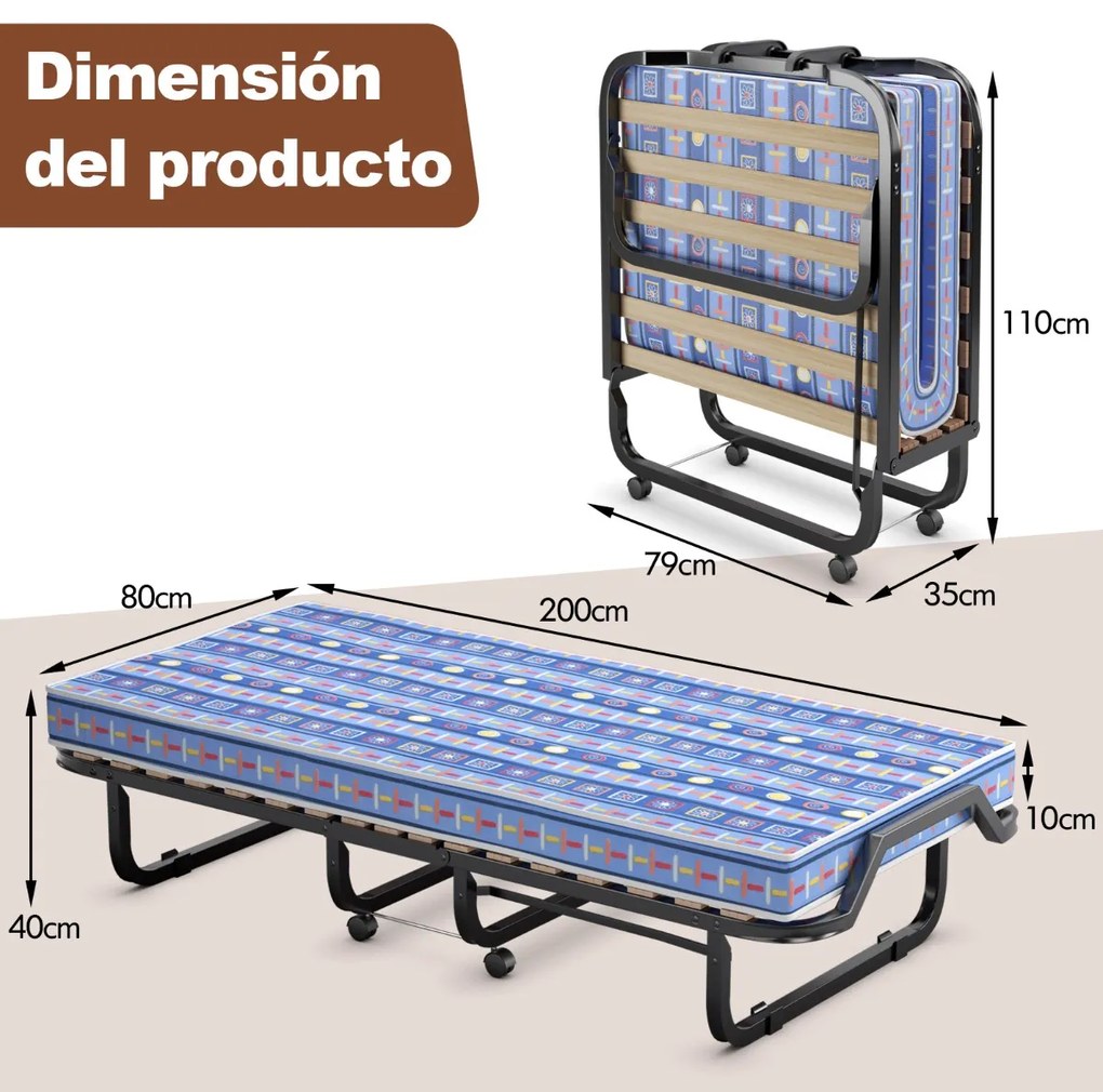 Cama dobrável com colchão de espuma viscoelástica, estrutura de metal  200 x 80 x 40 cm, azul