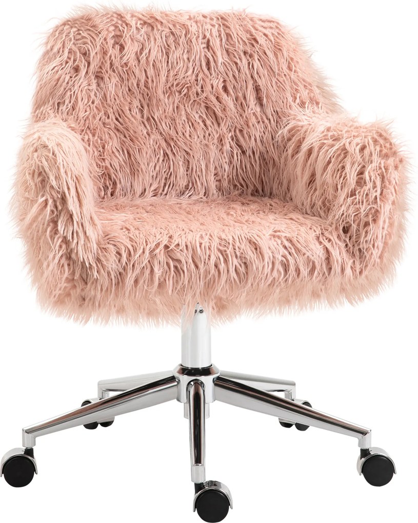 Vinsetto Cadeira giratória de secretária, cadeira de computador, cadeira de maquilhagem com assento em pelo sintético, ajuste de altura, para meninas, pelo sintético, espuma Rosa+Prata 57 x 60 x 75-85 cm | Aosom Portugal