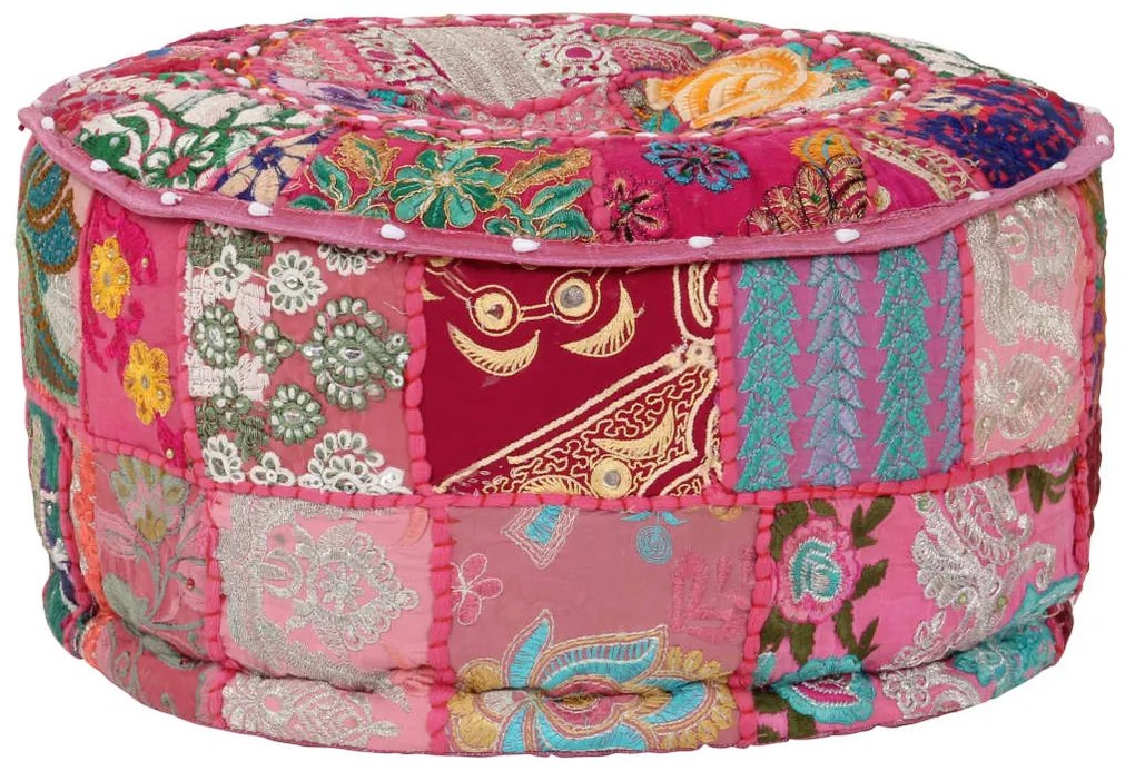 Pufe de retalhos redondo algodão artesanal 40x20 cm rosa