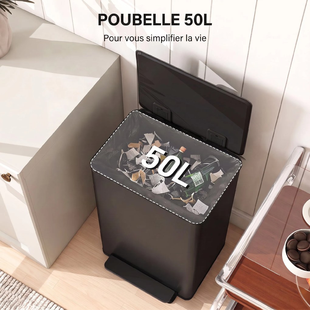 Caixote do Lixo de Cozinha com Pedal, 41,7 x 36,6 x 62 cm, Capacidade de 50 Litros, Preto
