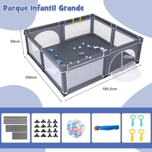 Conjunto 2 em 1 Parque de atividades bebés portátil 206 x 185,5 x 68 cm e tapete reversível para crianças com material seguro cinza escuro + zoológico