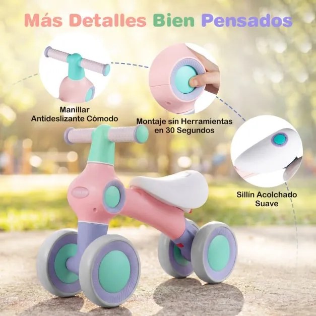 Bicicleta de equilíbrio para crianças com 4 rodas, montagem rápida, assento ajustável 1-3 anos, Rosa