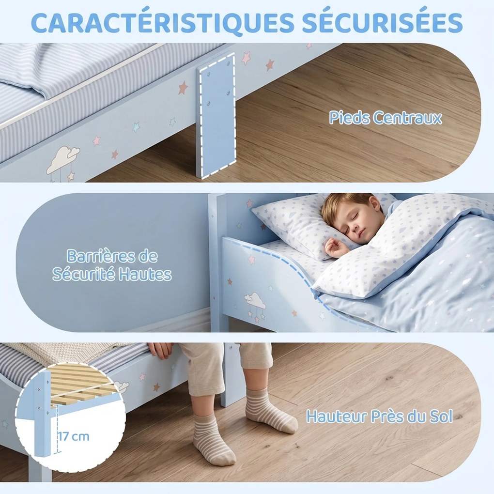 Cama Infantil, 146 x 76,5 x 54,5 cm (COLCHÃO NÃO INCLUIDO), Barreiras de Segurança Elevadas, Azul