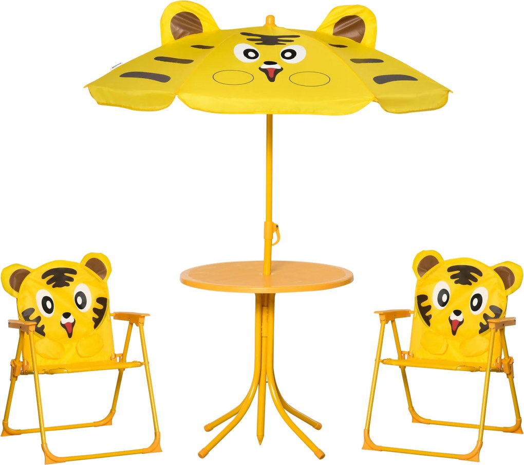 Conjunto de mobiliário de jardim infantil de 4 peças com design de tigre - Mesa redonda + 2 cadeiras dobráveis + guarda-sol amarelo