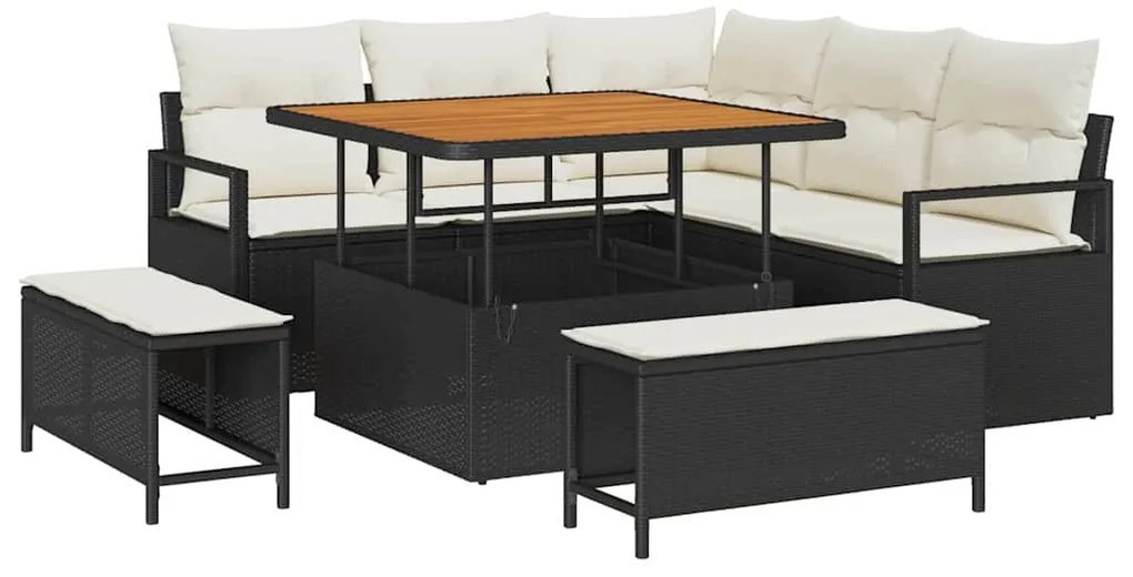 Conjunto de Sofá Jardim 8 Peças com Almofadas Preto Vime PE Acácia