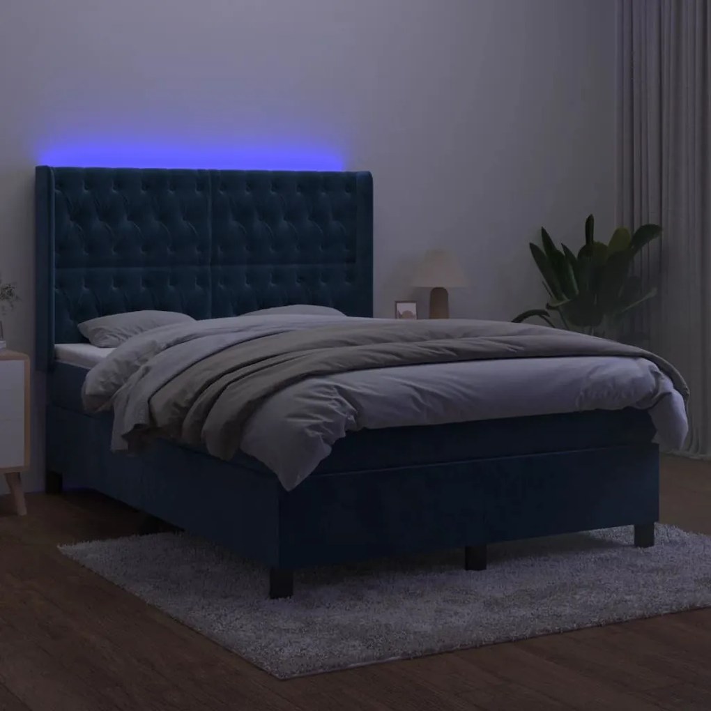 Cama box spring c/ colchão/LED 140x190 cm veludo azul-escuro