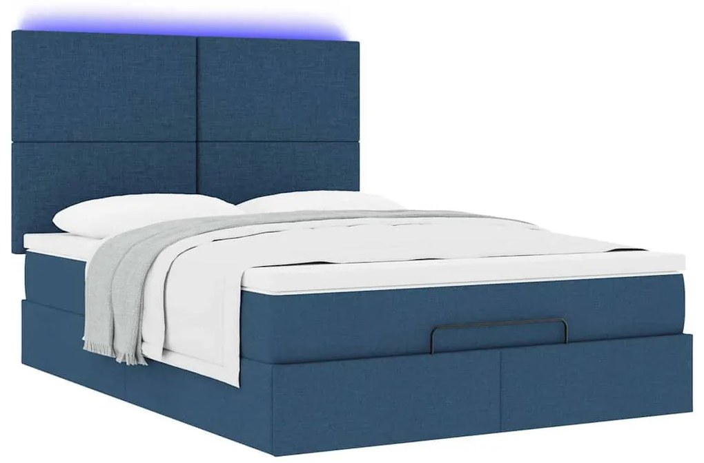 Estrutura de cama otomana com colchão tecido azul 140x200cm