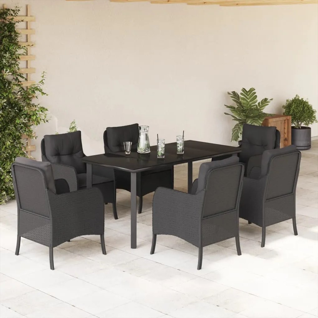 7 pcs conjunto de jantar p/ jardim c/ almofadões vime PE preto