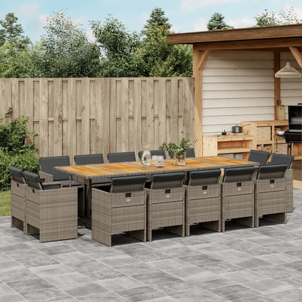 vidaXL 15 pcs conjunto jantar p/ jardim c/ almofadões vime PE cinzento