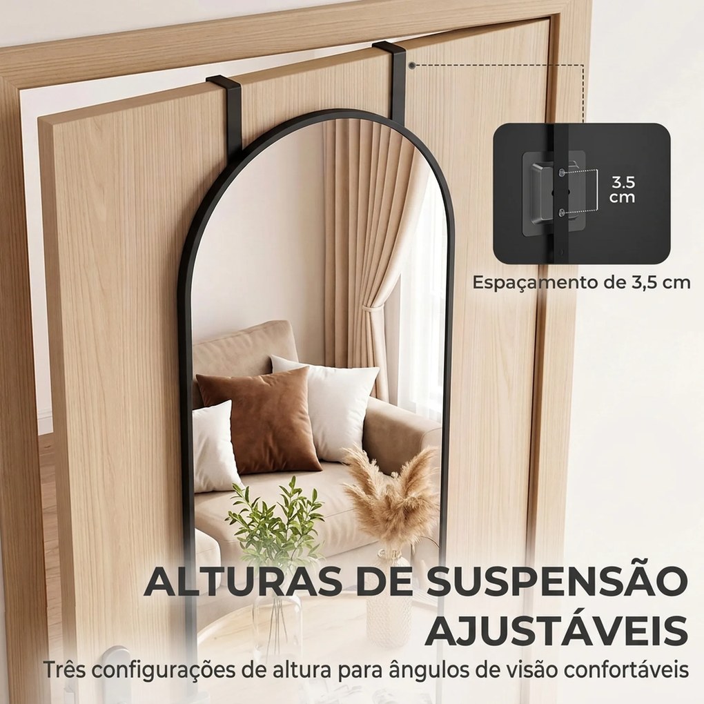 Espelho de Parede 40x110 cm com Design Arqueado e Ganchos Ajustáveis para Porta ou Parede Preto