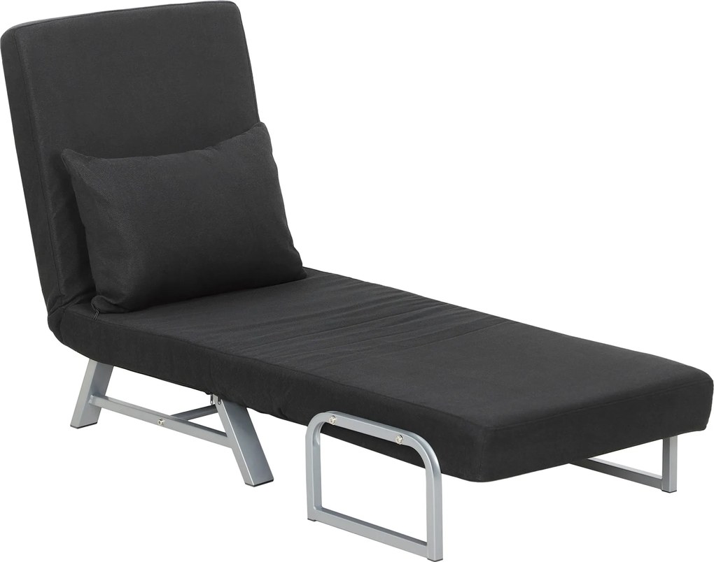 Poltrona reclinável convertível em sofá-cama de 1 lugar, com almofada lombar, braços e base em metal, em linho preto