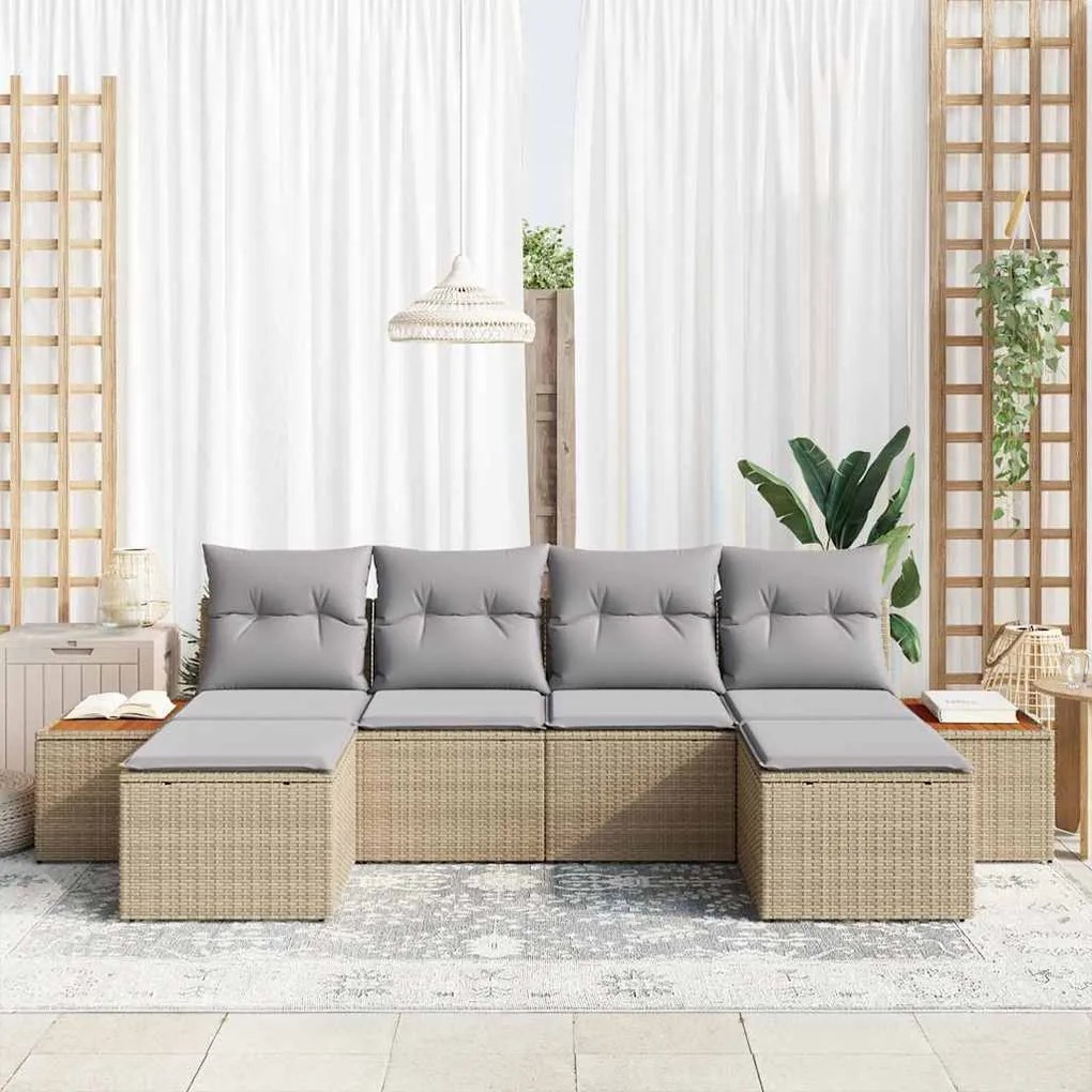 Conjunto de Sofá de Jardim 6 Peças com Almofadas Bege em Rattan de Pol