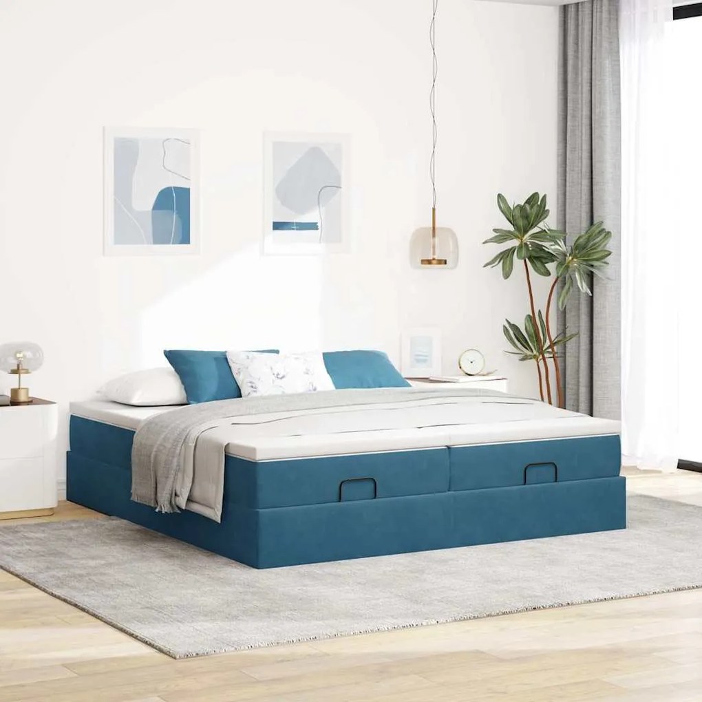 Estrutura cama otomana colchões 180x200 cm veludo azul escuro