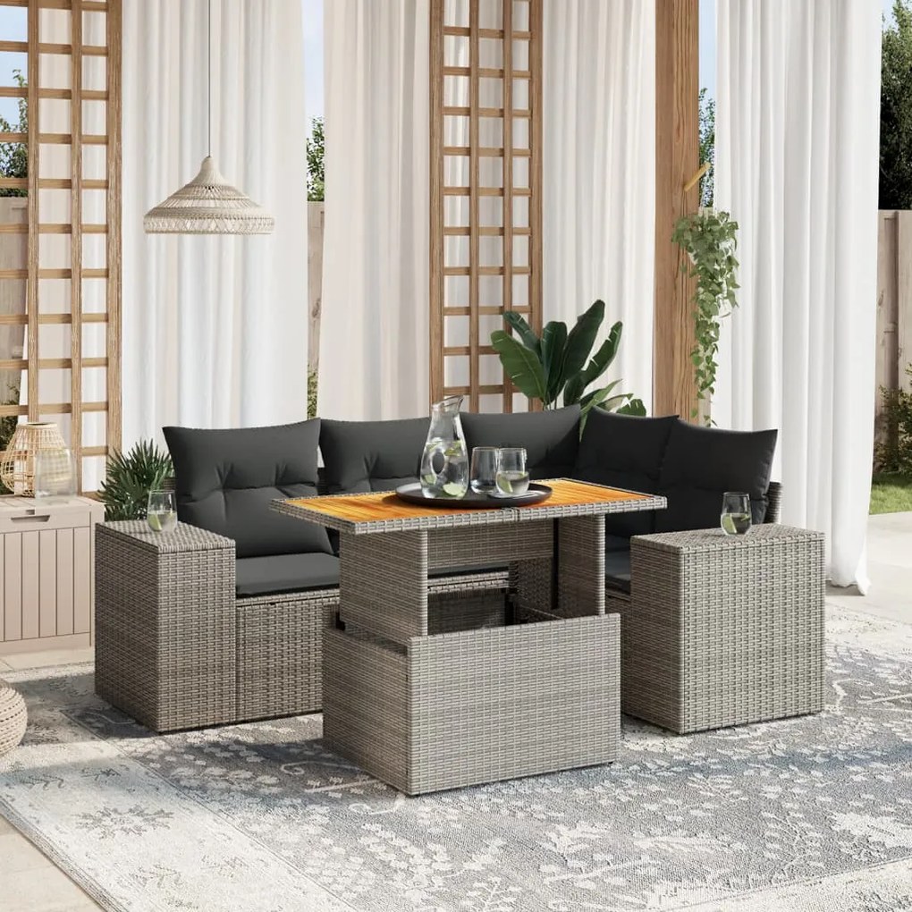vidaXL 5 pcs conjunto sofás de jardim c/ almofadões vime PE cinzento