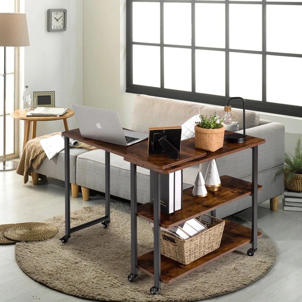 Secretária Mesa de Computador em Estilo Industrial com Rodas e Superfície Móvel e Estrutura Metálica para 80 x 30 x 67 cm Castanho Rústico