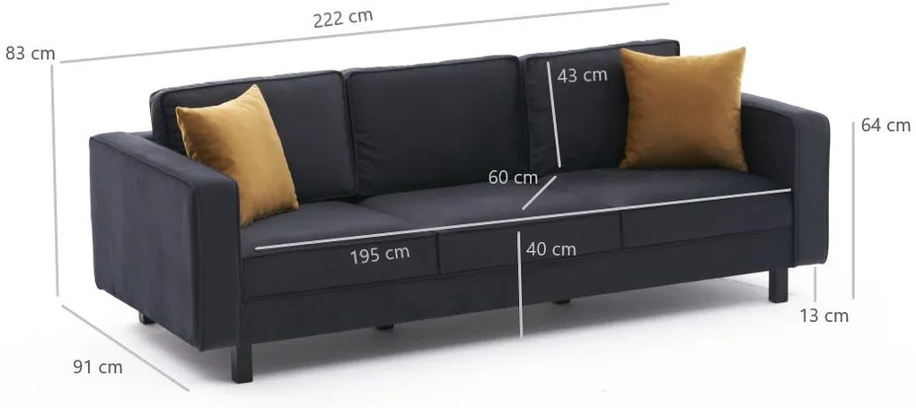 Sofá de 3 Lugares Kale – Antracite – 222x83x91 cm