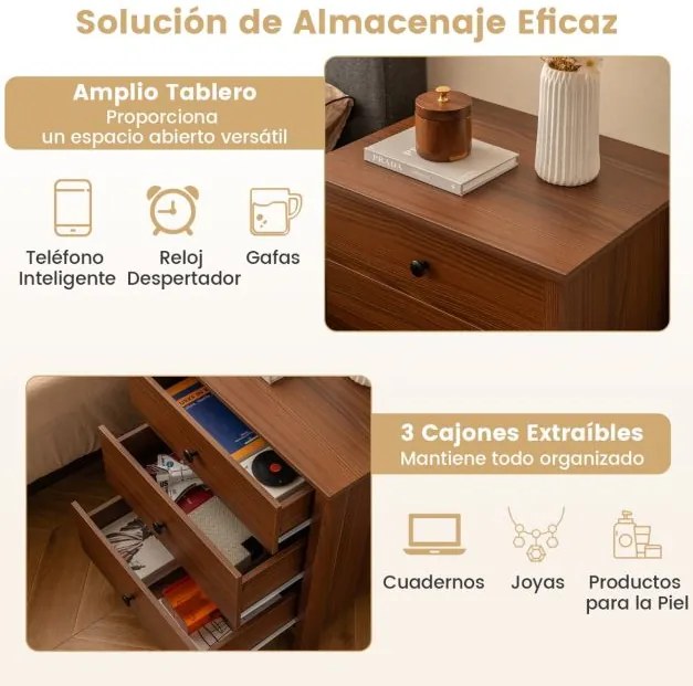 Mesinha de cabeceira com 3 gavetas 56 x 45 x 66 cm cor nogueira