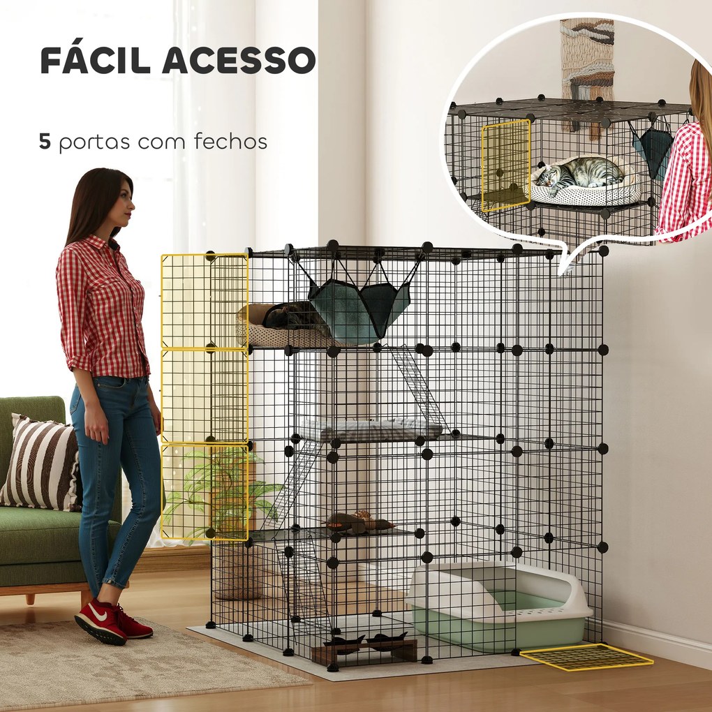 Gaiola Grande para Gatos de Interior 105x105x140 cm com 4 Níveis 5 Portas 3 Plataformas de Salto 3 Rampas e Rede Caixa areia não incluida Preto