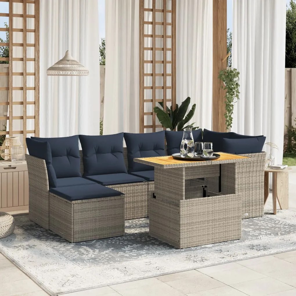 7 pcs conjunto sofás p/ jardim c/ almofadões vime PE cinzento