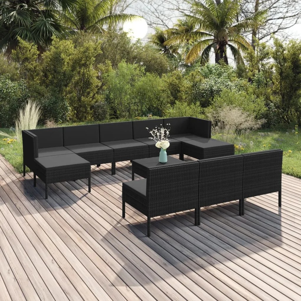 vidaXL 11 pcs conjunto lounge de jardim c/ almofadões vime PE preto