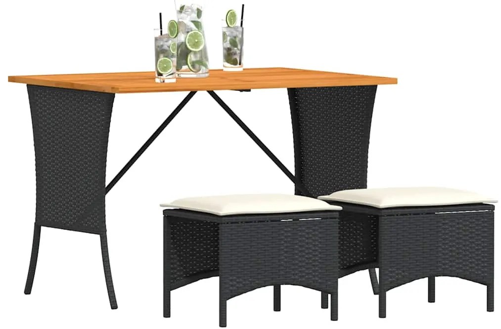 3 pcs conjunto de jantar p/ jardim c/ almofadões vime PE preto