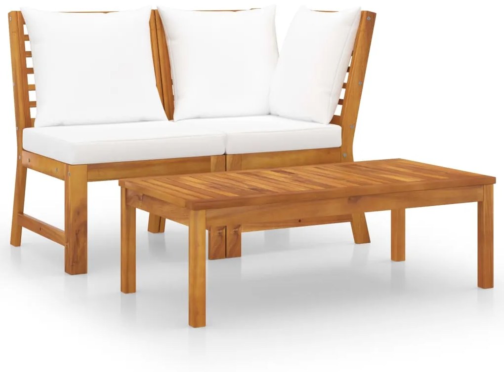 vidaXL 3 pcs conjunto lounge jardim c/ almofadões cor creme acácia