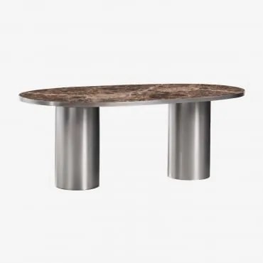 Oval Dining Table 220x110 Cm In Natural Stone And Stainless Steel Fertrix Mármore Castanho Emperador - Sklum