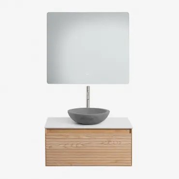 Conjunto De Móvel De Casa De Banho Suspenso Em Madeira De Freixo Tedrik Castanho Fresno & Cimento Cinzento Redondo Ø40 Cm Tarsis & Led - Sklum