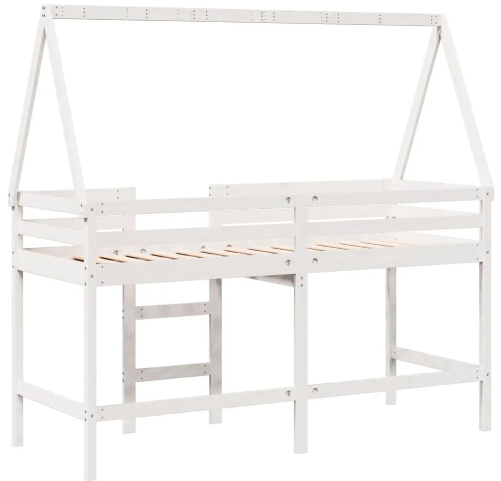 Cama alta c/ escada e telhado 90x200 cm pinho maciço branco
