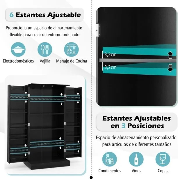 Armario cozinha despensa com 2 portas e 16 estantes para sala jantar, cozinha 60 x 40 x 120 cm Preto
