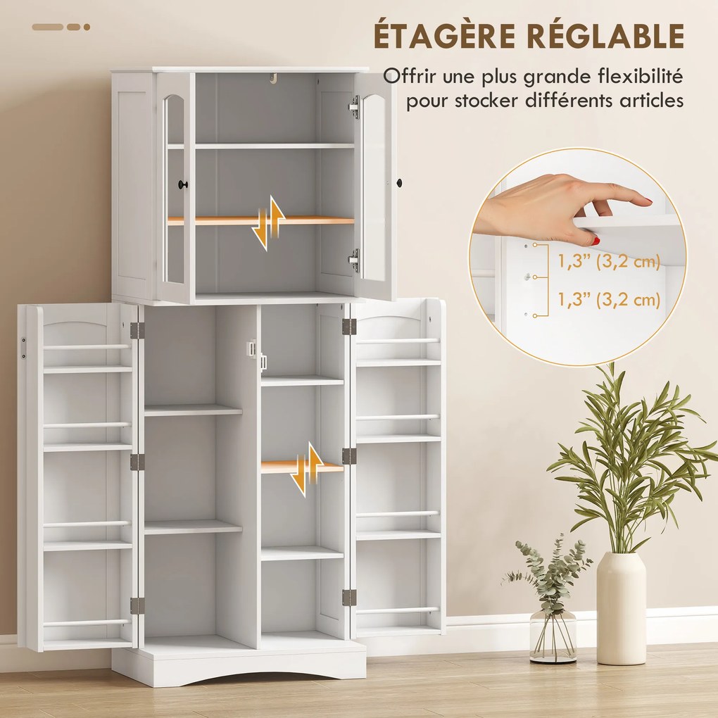 Armário de cozinha  60 x 40 x 162 cm com vitrina em acrílico, 4 portas, 10 compartimentos, 8 suportes para prateleiras, branco