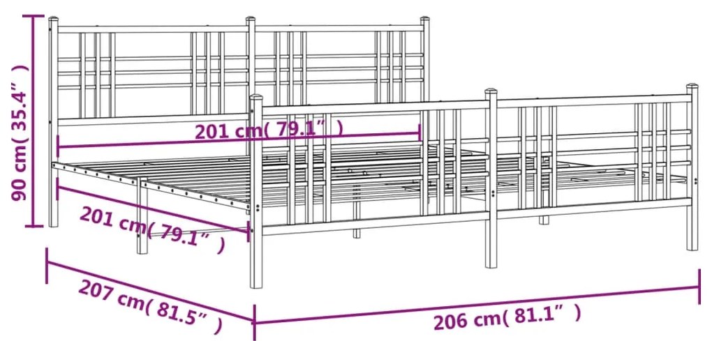 Estrutura de cama com cabeceira e pés 200x200 cm metal preto