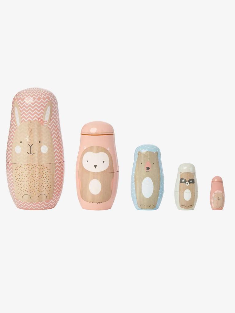 Bonecas encaixáveis com animais, em madeira rosa