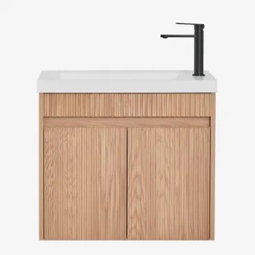 Conjunto De Móvel De Casa De Banho Suspenso Em Madeira Com Lavatório Integrado Narek Castanho Fresno & Sem Espelho & Preto - Sklum