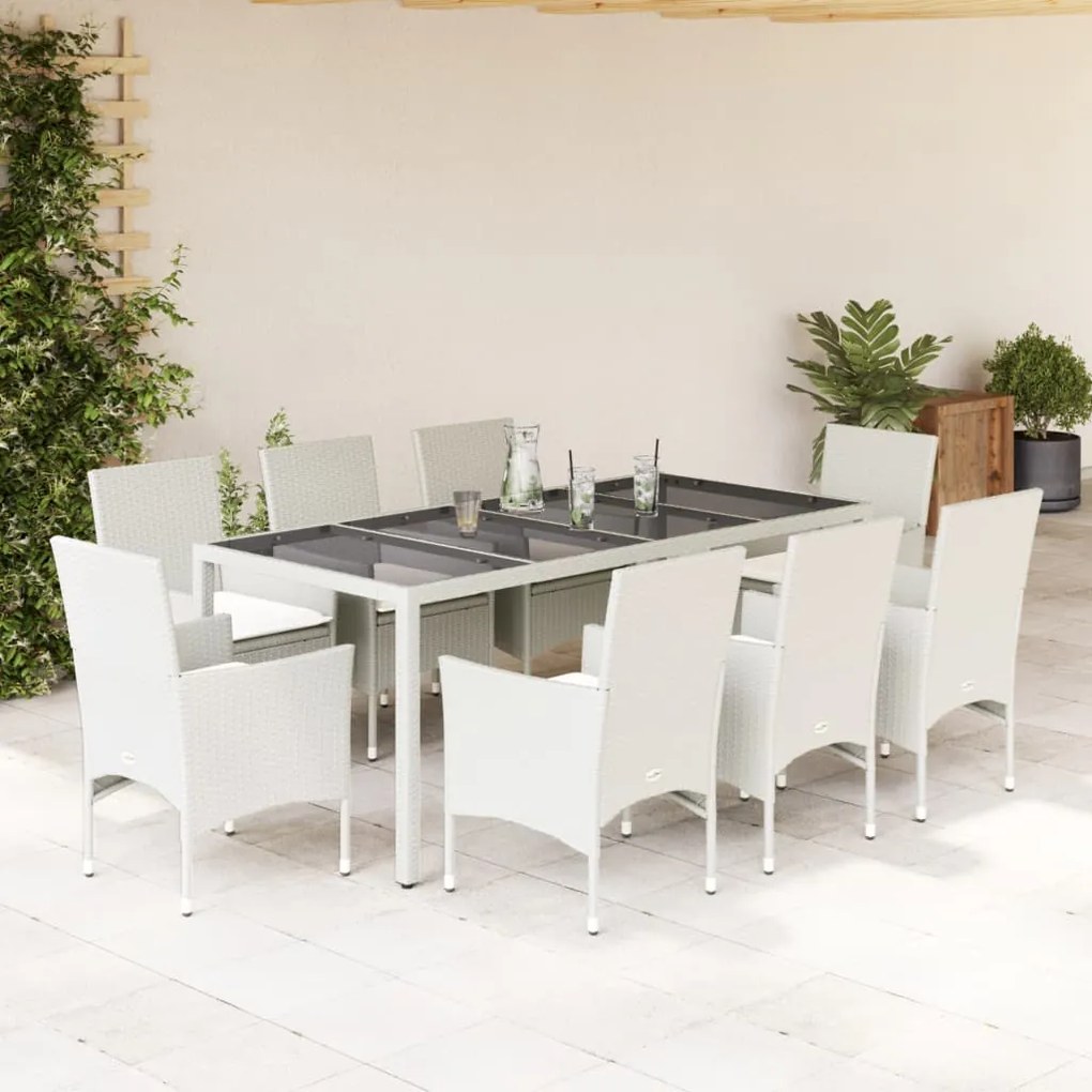 vidaXL 9 pcs conjunto jantar jardim c/ almofadões vime PE/vidro branco