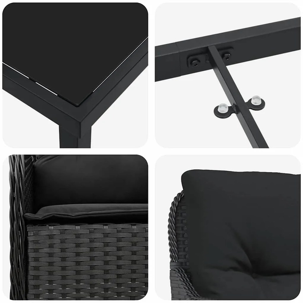 Conjunto de Jantar de Jardim com Almofadas Preto Rattan Poliéster